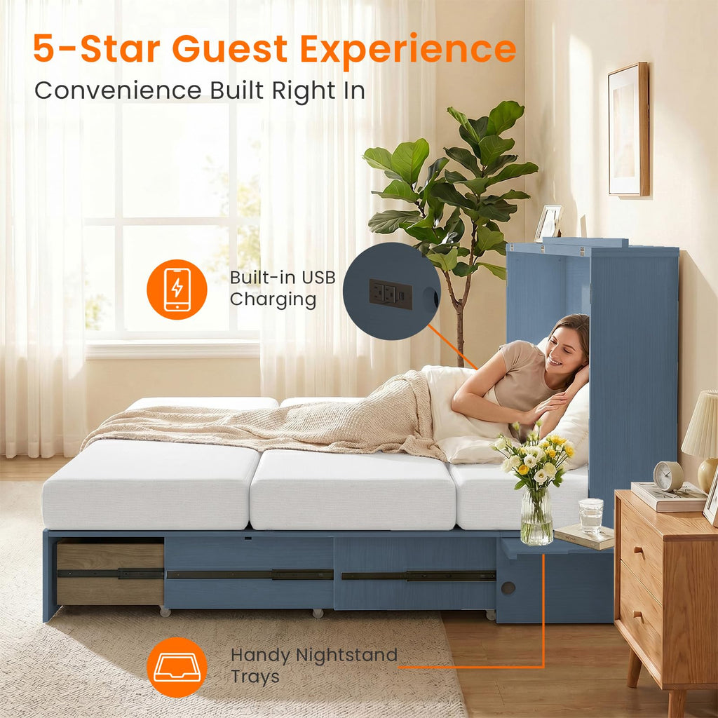 Murphy Bed Queen Mattress - Guest Room Bed Cabinet with Storage
