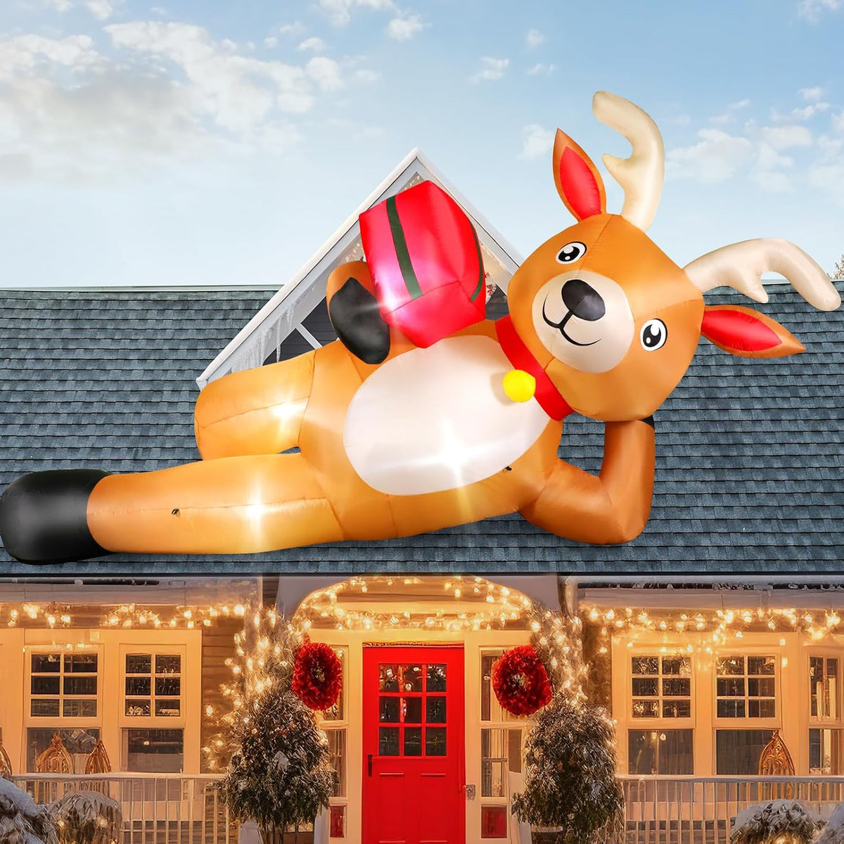 12 FT Giant Christmas Inflatable Reindeer Outdoor Decorations, Large Blow Up Reindeer with Gift Box Decor, Built-in