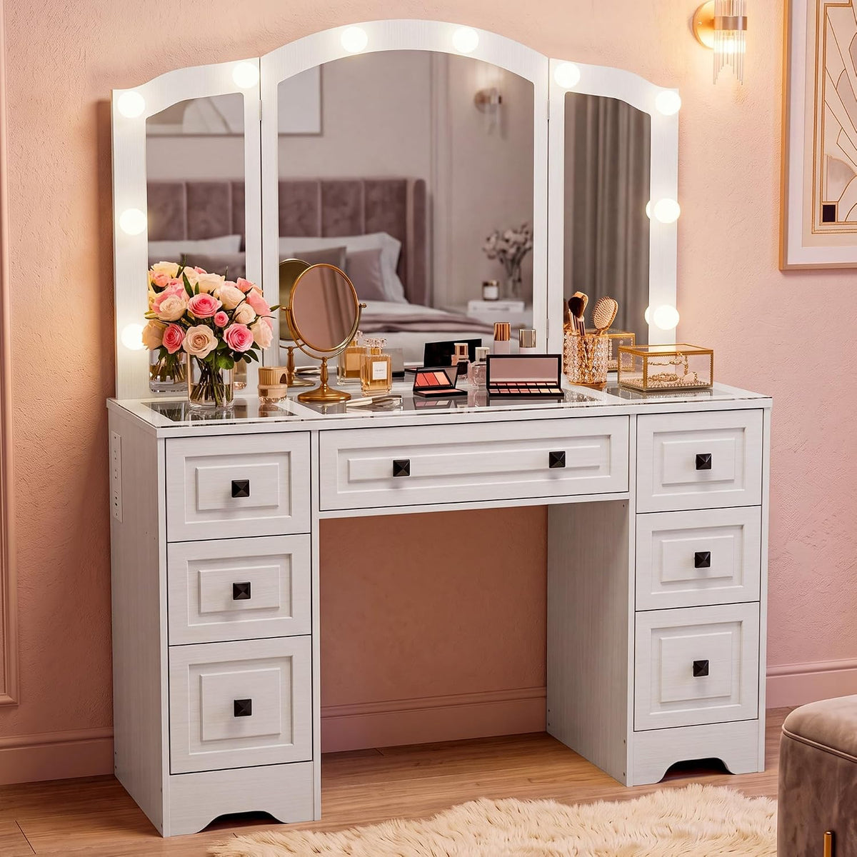 Vintage Vanity, White Vanity with Lighted Mirror & Third-Fold Mirror, Retro 5-Drawer Dressing Table with Glass Top
