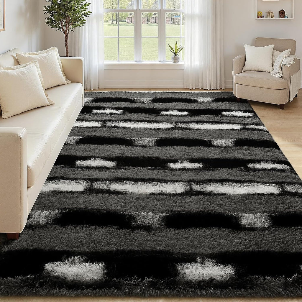 Fluffy Black and Grey Area Rug Striped