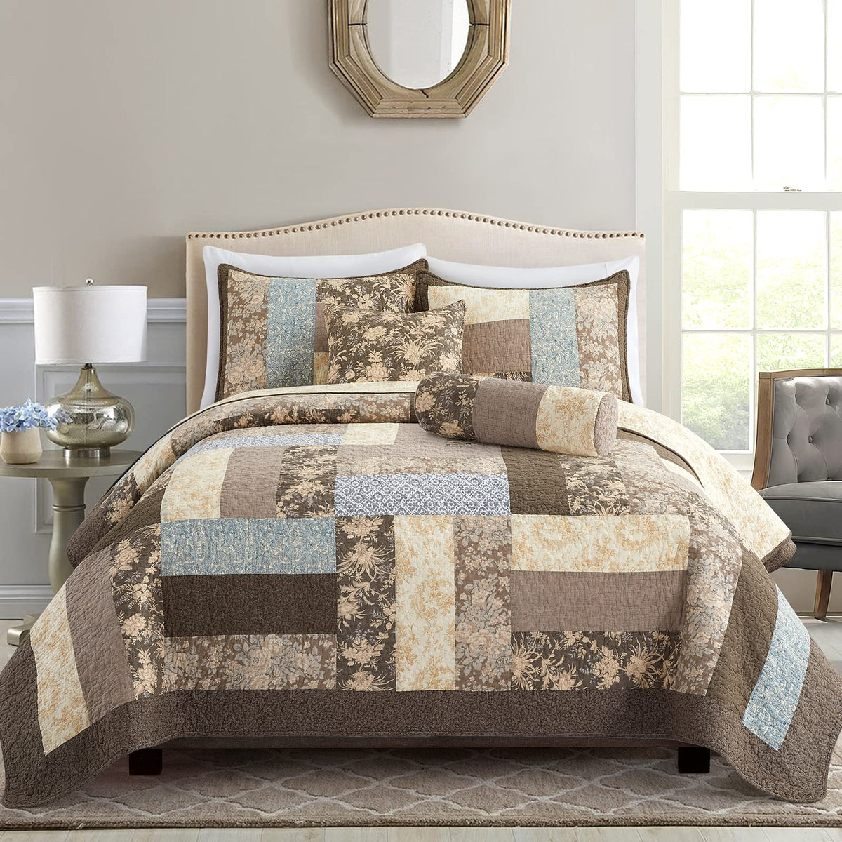 100% Cotton Patchwork Comforter Set 3 Pcs Quilt Sets Cabin Brown Bedspread (90 x 90inch) Reversible Vintage