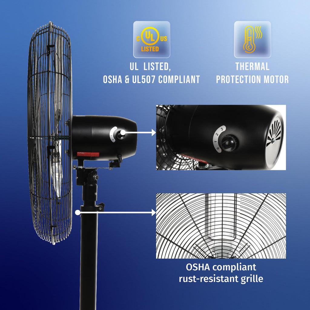 24 Inch High Velocity Oscillating Metal Pedestal Fan Commercial, Industrial Use 3 Speed 7600 CFM 1/4 HP 6.6 FT Cord