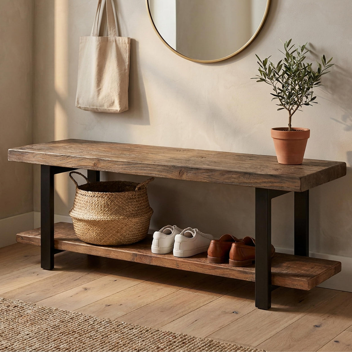 Pomona Entryway Bench with Shoe Rack, Rustic Brown, 48"