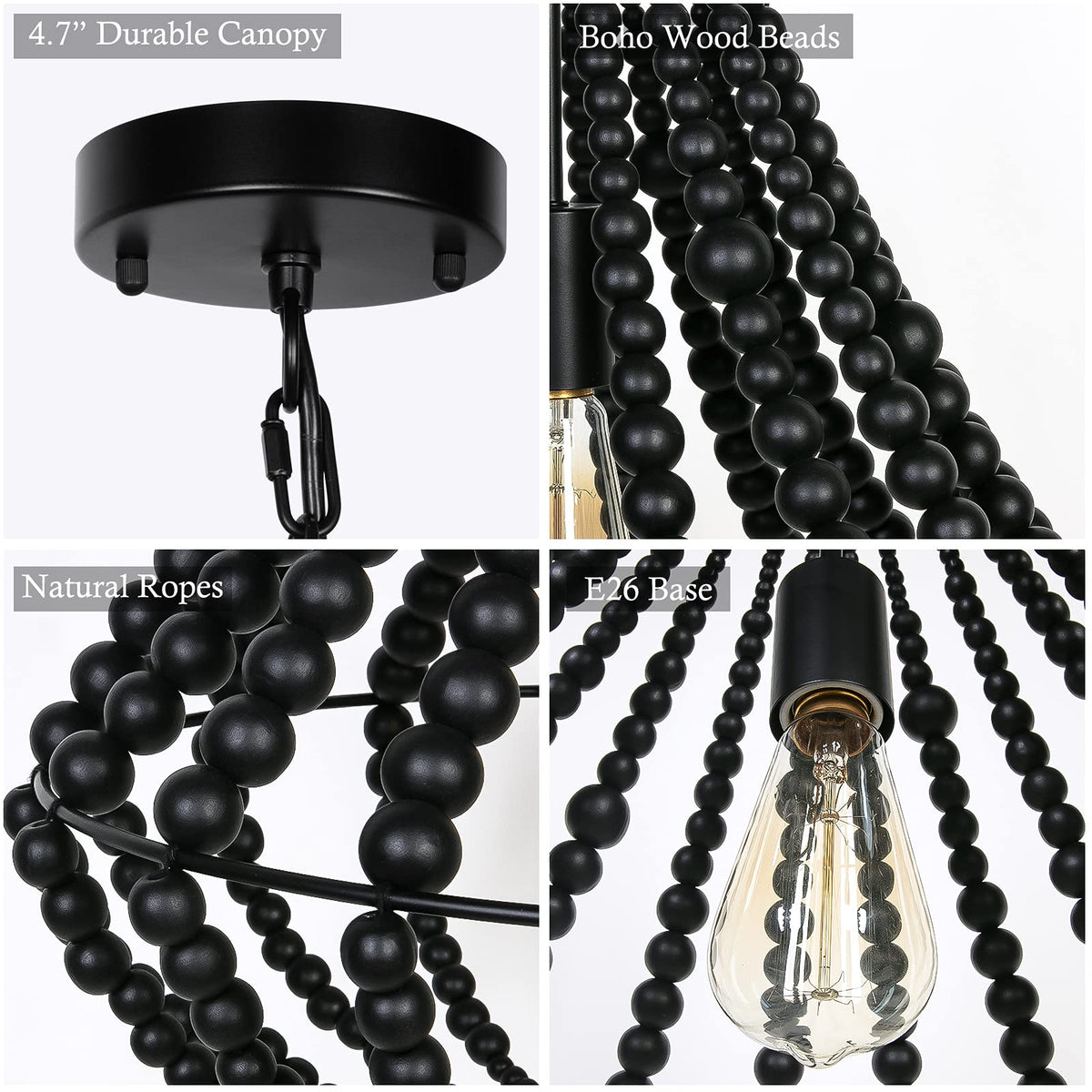 Boho Light Fixtures Wood Beaded Chandelier Farmhouse Pendant Light 1-Light Black 16.5" Ceiling Hanging Light, Dining