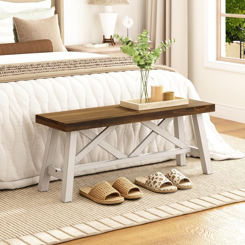 43" Farmhouse Solid Wood Bench, Rustic Entryway Bench, White