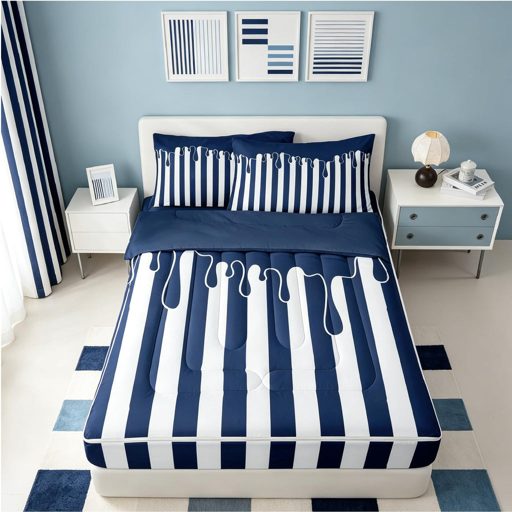 Dark Blue Striped Zipper Bedding Stripe Drip Zip Up Bedding Set for Adults Couples, Neutral Modern Abstract
