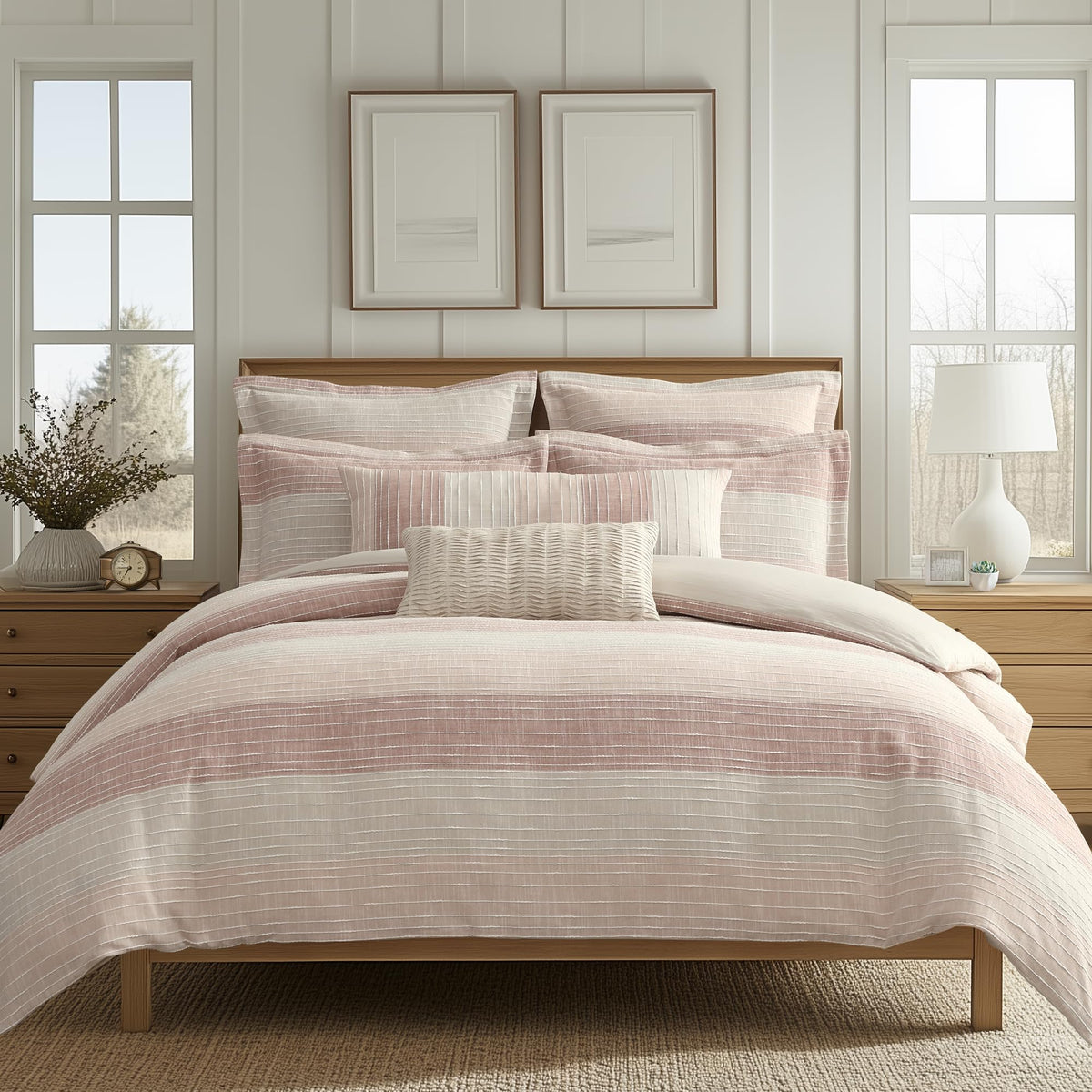 Sand Stripes Blush Comforter Set (90x94in) with 2 Pillowcases (26x20in) - Woven Jacquard Stripe - Pink