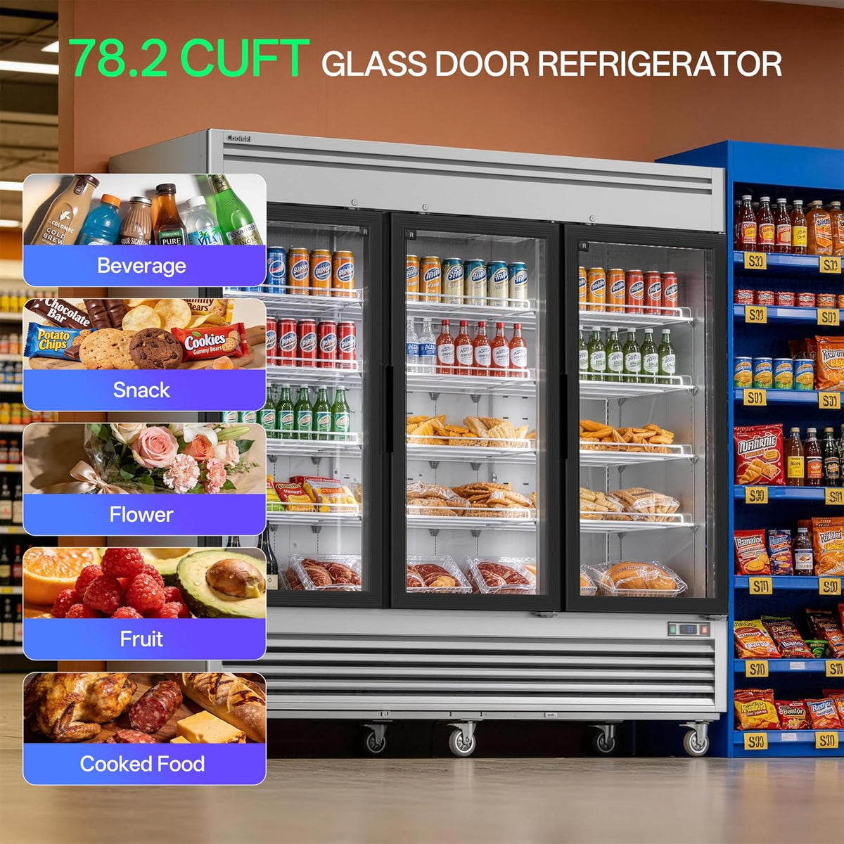 82" W 3-Door Commercial Beverage Refrigerator, 78.2 Cu.ft Glass Door Display Cooler Fridge