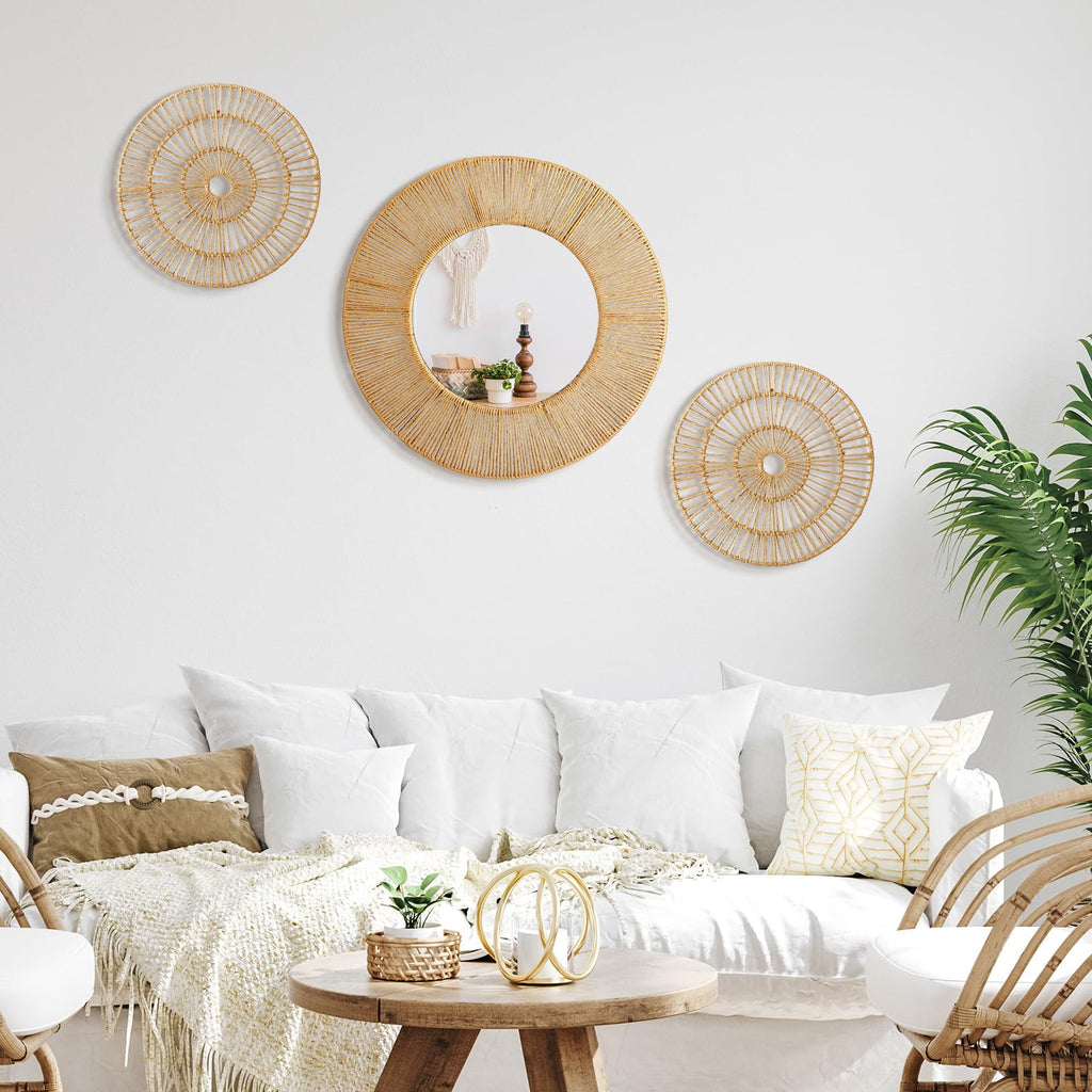 3 Pcs Boho Mirror Wall Decor, Natural Jute Woven Round Mirror, 19.7" Large Decorative Mirrors with 2 Wall Art