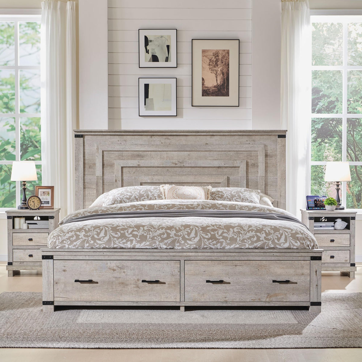 54" Tall Farmhouse Bed Frame, Light Rustic Oak