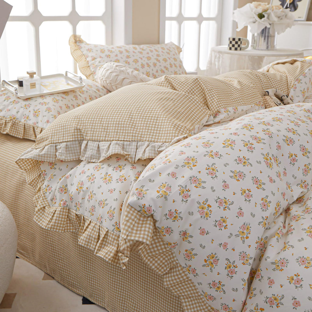 French Garden Style Ruffled Floral Comforter Set Full Fluffy Soft Microfiber Chic Shabby Pink Yellow Floral Bedding