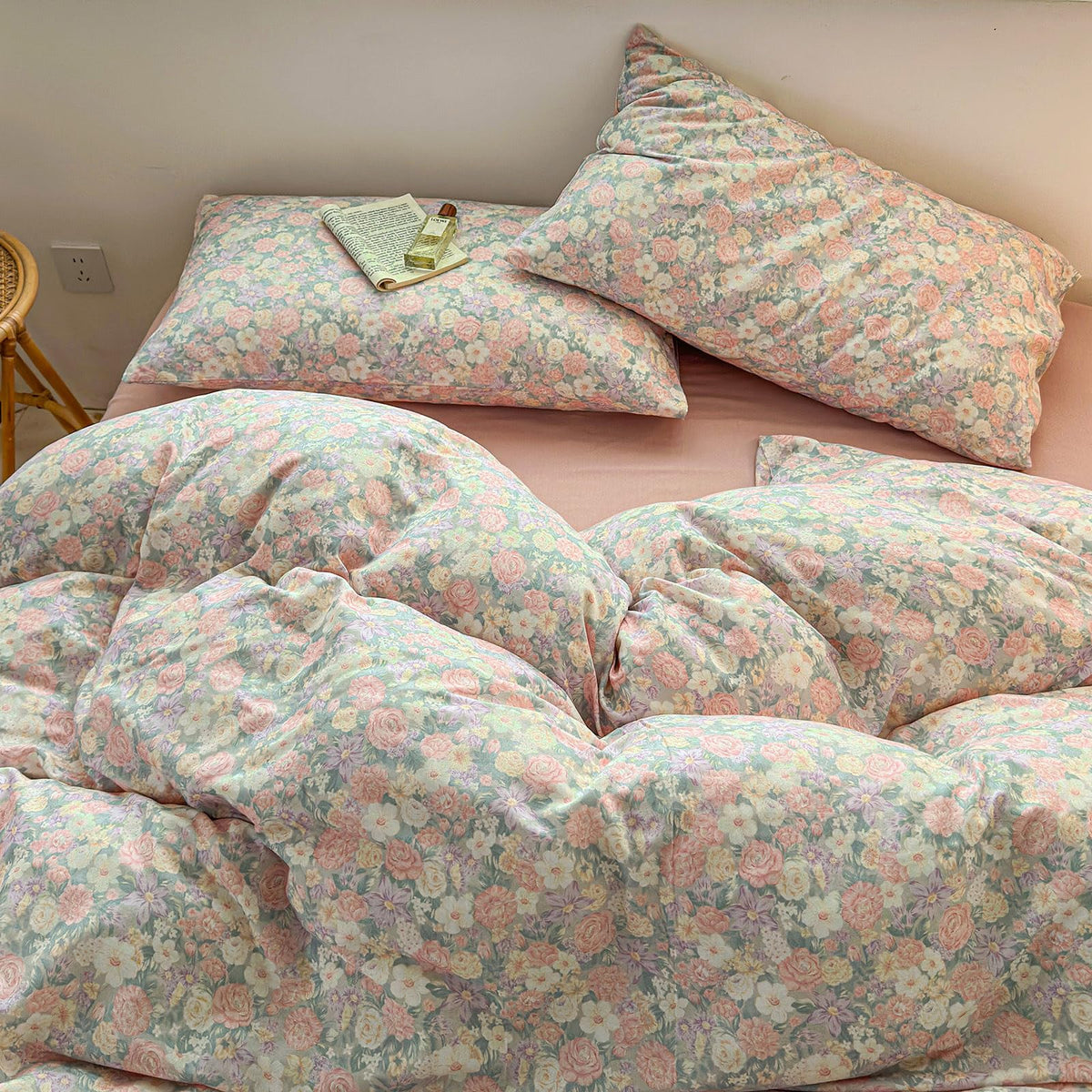 Floral Duvet Cover Queen Size Cotton Double Gauze Queen Comforter Cover Boho Cute Muslin Zipper Duvet Cover Set with