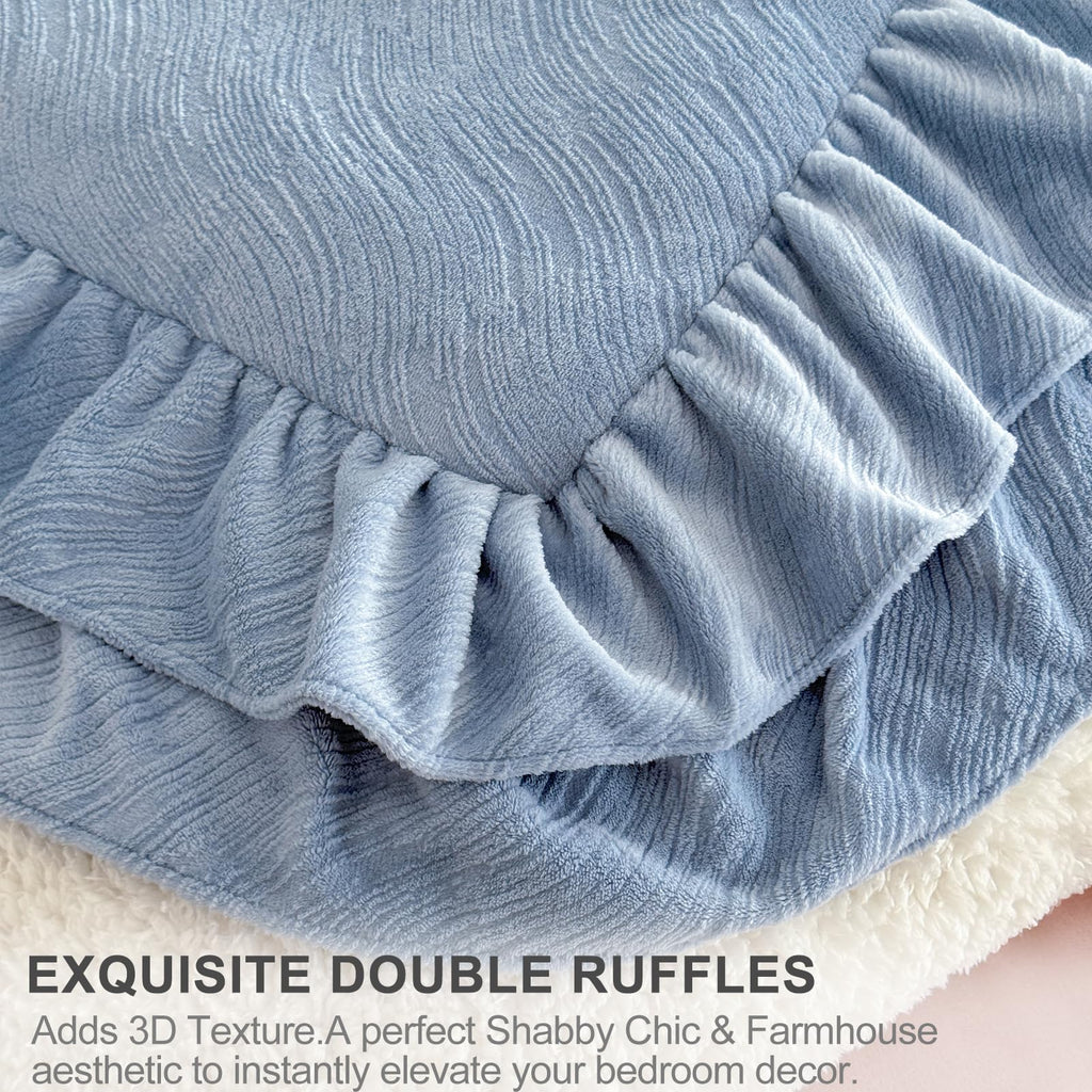 Fluffy Sherpa Comforter Set, Super Soft Fleece Blue Ruffle Bedding
