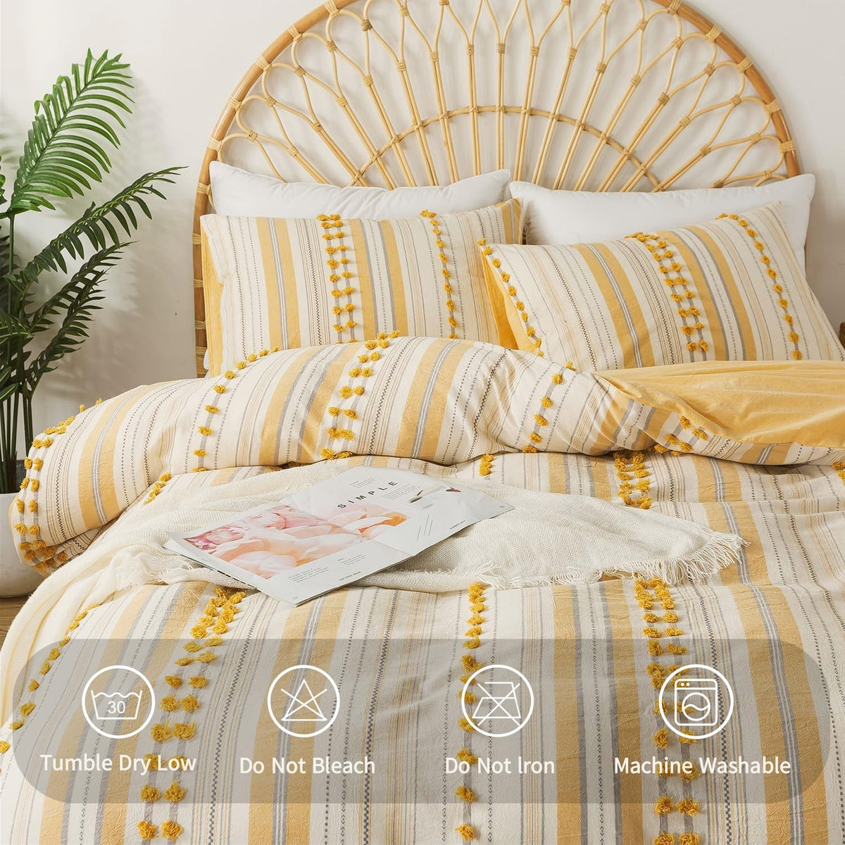 Washed Cotton Duvet Cover Set - Tufted Dots Boho Chic Bedding for All Seasons, Striped Pom Pom Bedding