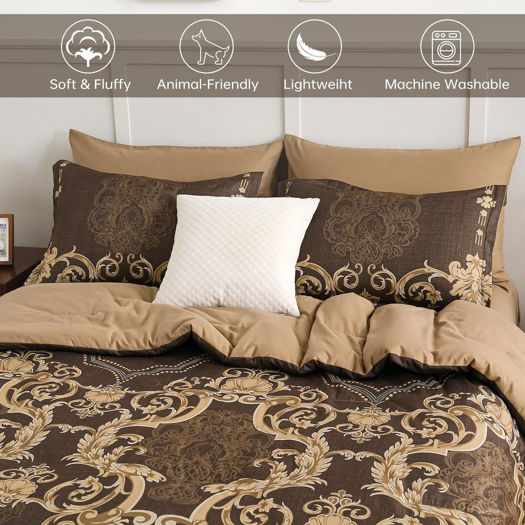Coffee Comforter Set, 7 Pieces Damask Bed in a Bag