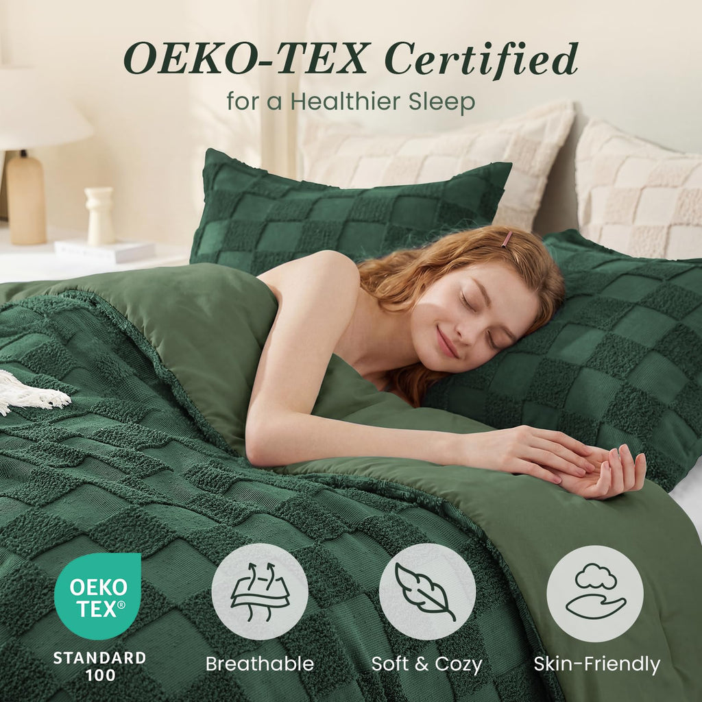 Comforter Set, 3 PC Boho Tufted Bed, Checkered Bedding, Green
