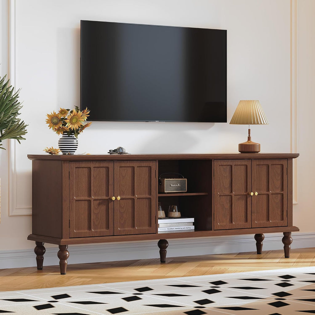 67" Mid Century Modern TV Stand with Window Design,Wood Entertainment Center with Open Shelf,Up to 70" Media TV for Living Room or Bedroom,Walnut
