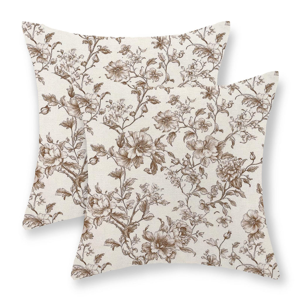 Brown Pillow Covers 18x18 Set of 2 Brown and Cream Floral Chinoiserie Throw Pillows Vintage Rustic Toile Flower