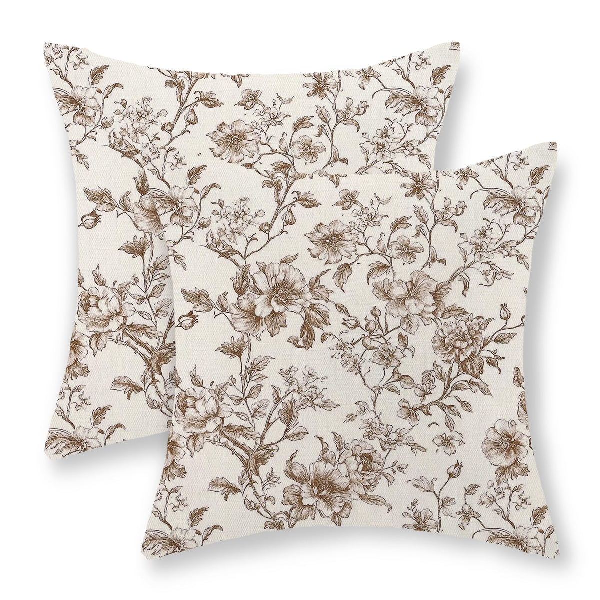Brown Pillow Covers 18x18 Set of 2 Brown and Cream Floral Chinoiserie Throw Pillows Vintage Rustic Toile Flower