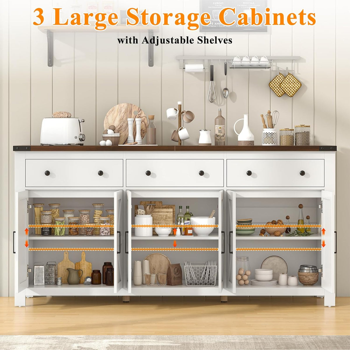 71" Large Sideboard Buffet Cabinet with Storage, Modern Farmhouse Coffee Bar with 3 Drawers and 6 Barn Doors