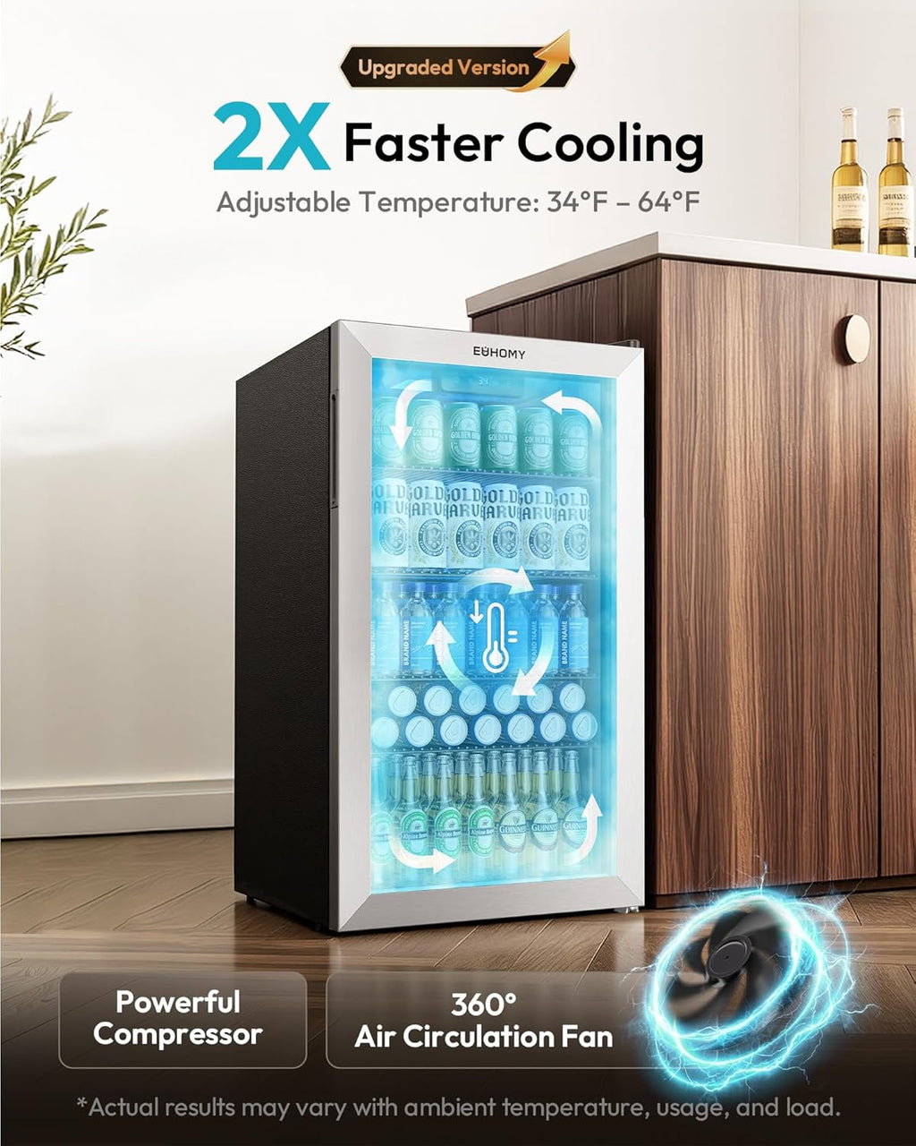 Mini Fridge 130 Can Beverage Refrigerator Cooler Glass Door for Soda Wine Beer, Beverage Cooler for Home, Bar