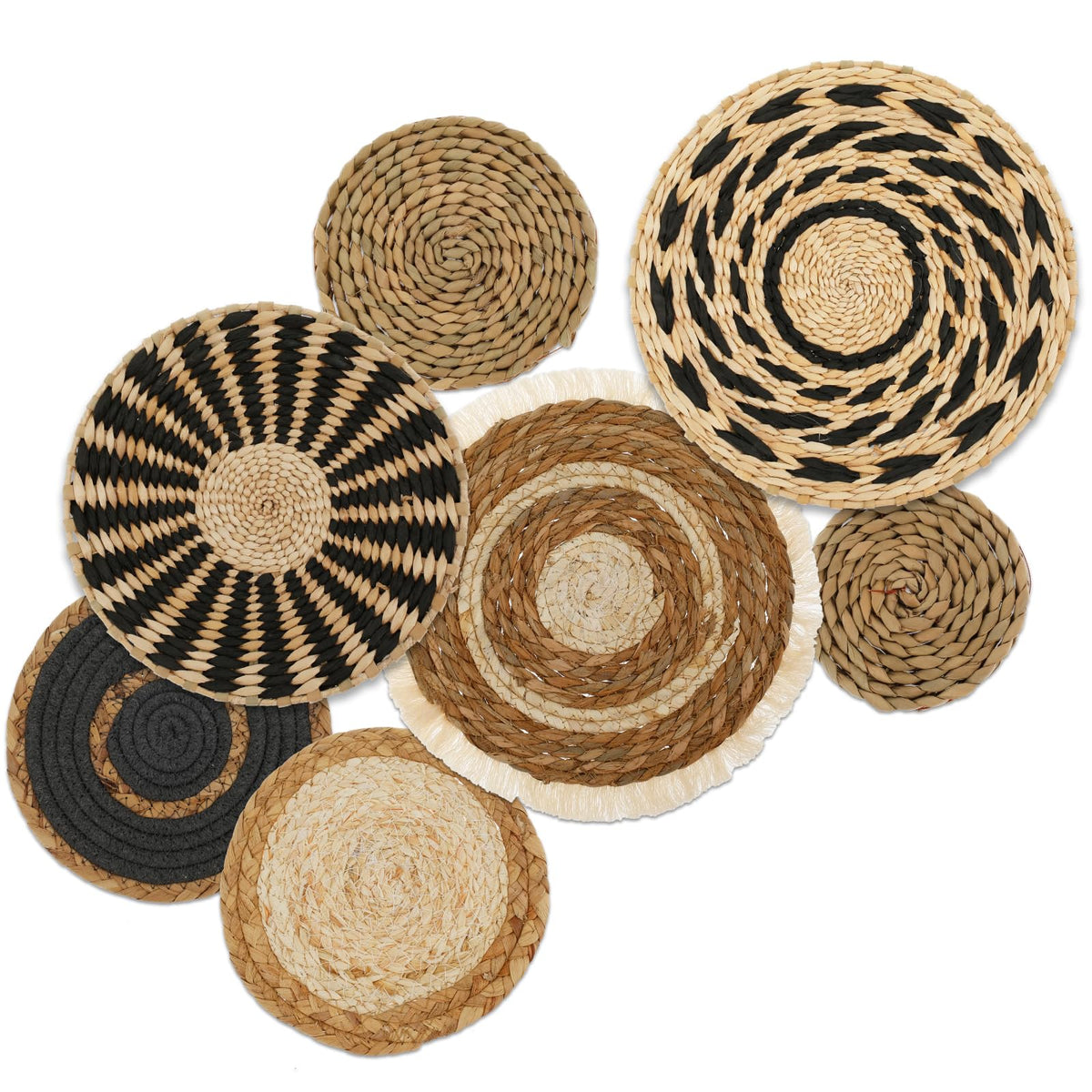 7 Pack Boho Wall Basket Set, Hanging Woven Seagrass Rattan Wicker Decor, Round Art for Farmhouse Bedroom Living Room