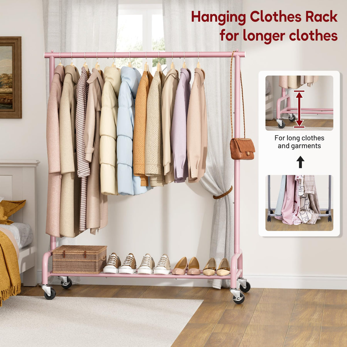 Heavy Duty Clothing Racks for Hanging Clothes Rack, 43" Wide Rolling Garment Rack Metal Clothing Hanger Rack with