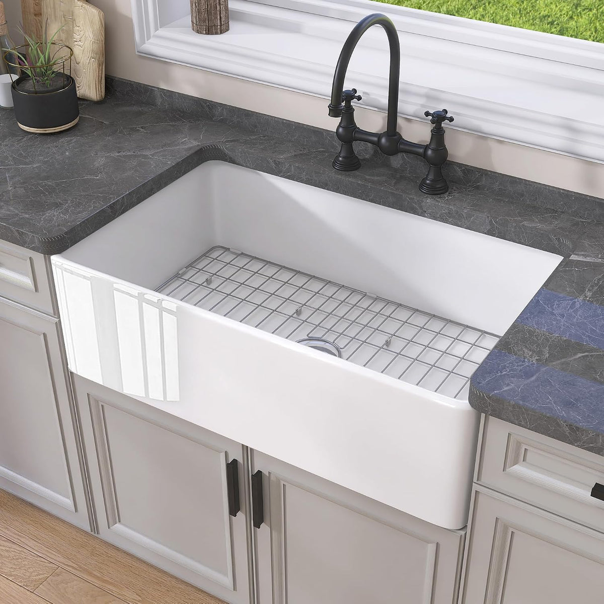White Farmhouse Kitchen Sink 30 inch Fireclay Apron Front Farm Sink