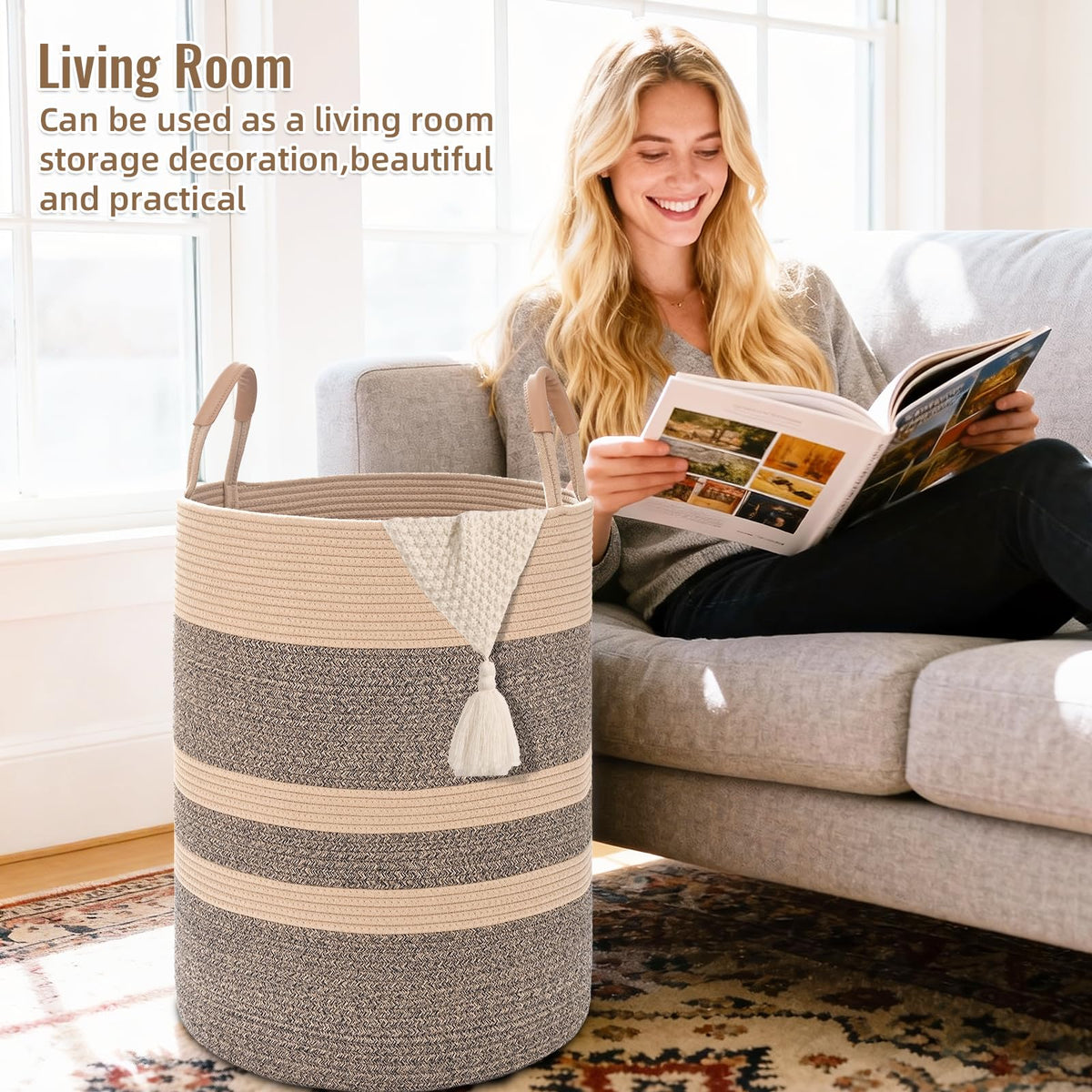 Large Laundry Basket, Laundry Hamper with Leather Handles, 75L Woven Dirty Clothes Hamper, Rope Hampers , Barthroom