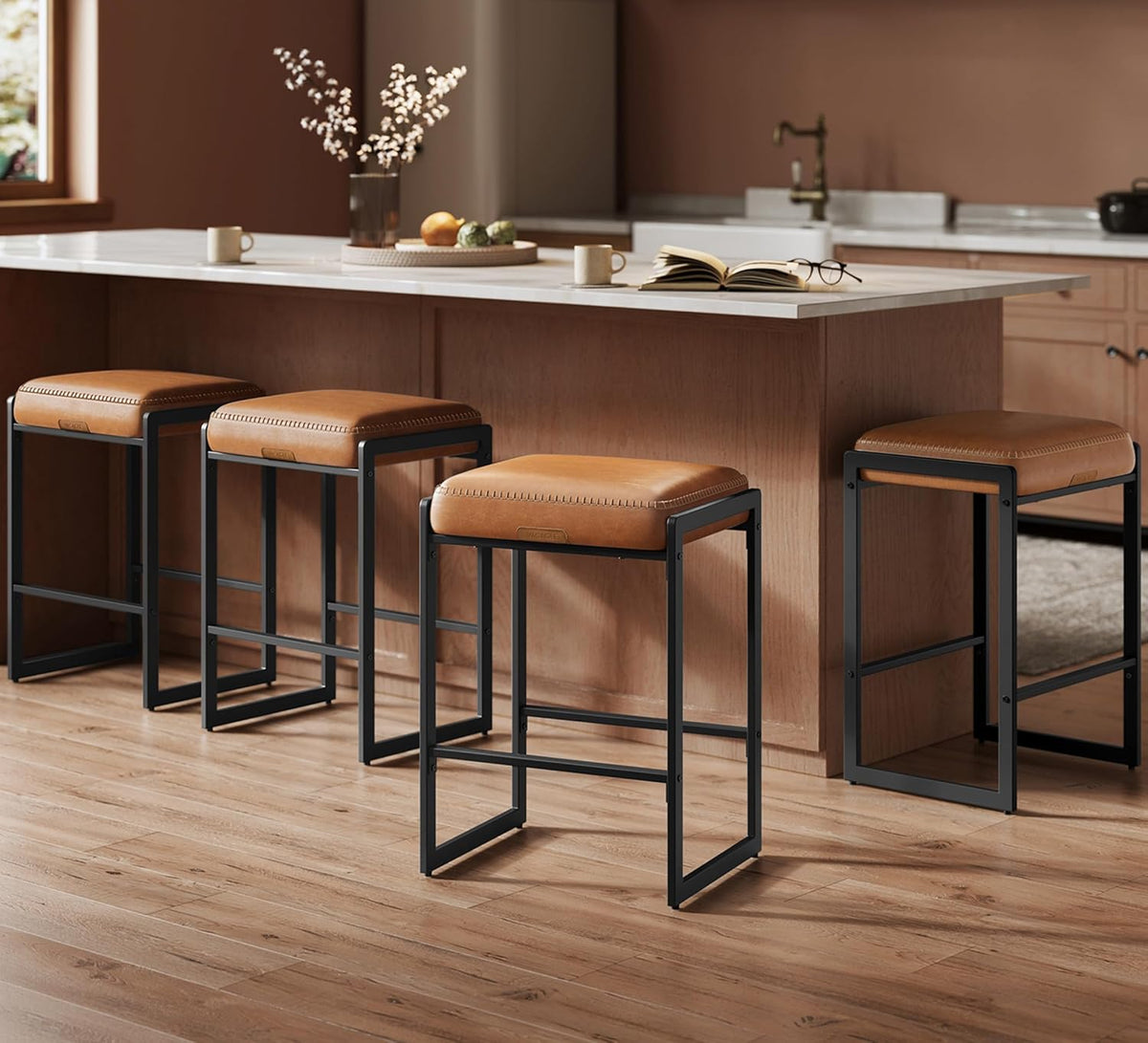EKHO Collection - Bar Stools Set of 4, Counter Height Bar Stools, Synthetic Leather with Stitching, Mid-Century