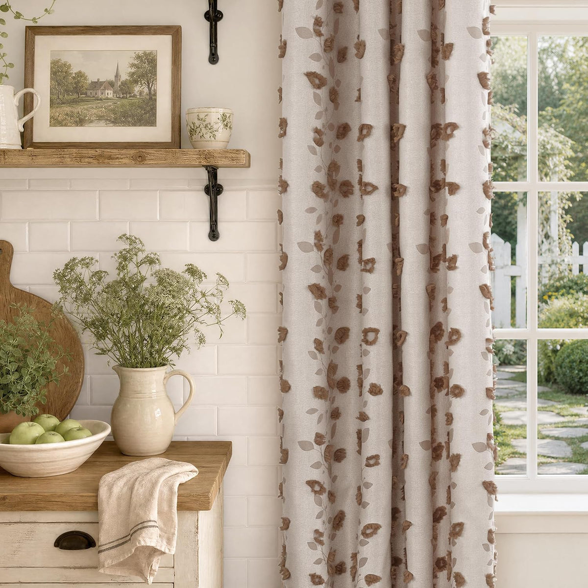 Brown Linen Curtains (Set of 2 Panels), Fall Boho Jacquard Leaf Botanical Pattern with Pom Pom Elegant Luxury Soft Farmhouse Vintage