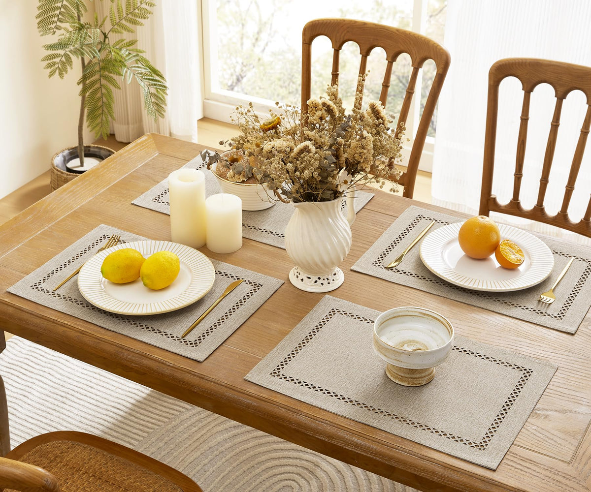 Farmhouse Burlap Place Mats, Coffee Placemats Set of 6, 12 x 18 Inch