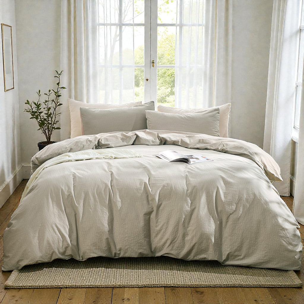 100% Washed Cotton Wave Jacquard Ripple Duvet Cover 3-Pieces Set, Solid, Boho Style, Comfortable