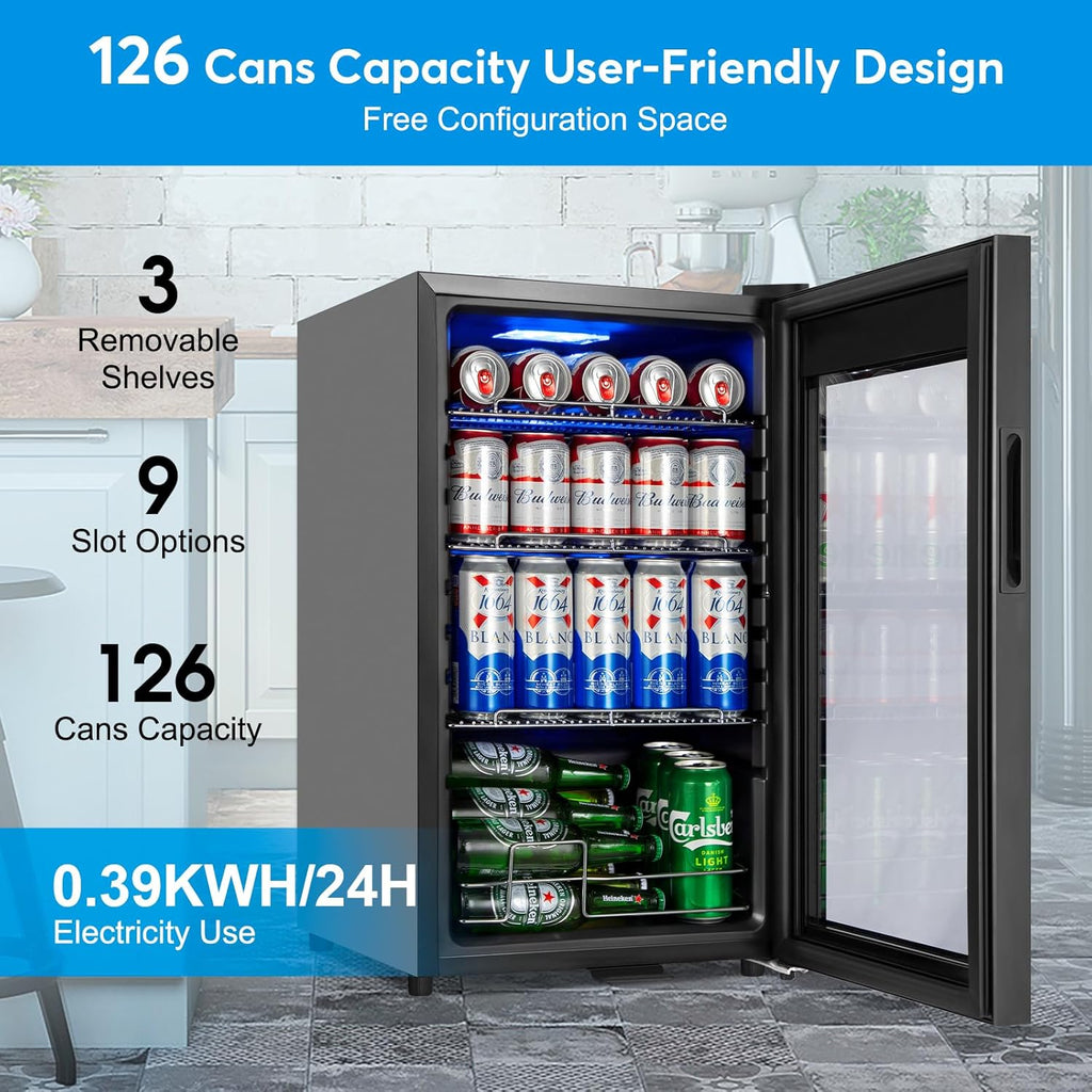 Beverage Refrigerator 17 inch Wide - 126 Can Beverage Cooler with Glass Door | Counter