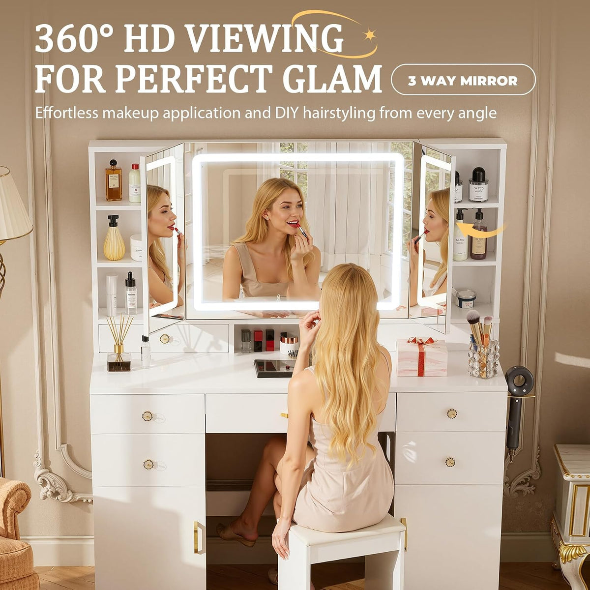Vanity Desk with 3 Way Mirror and Lights, Large Makeup Vanity Table Set with Charging Station, 3 Lighting Modes &