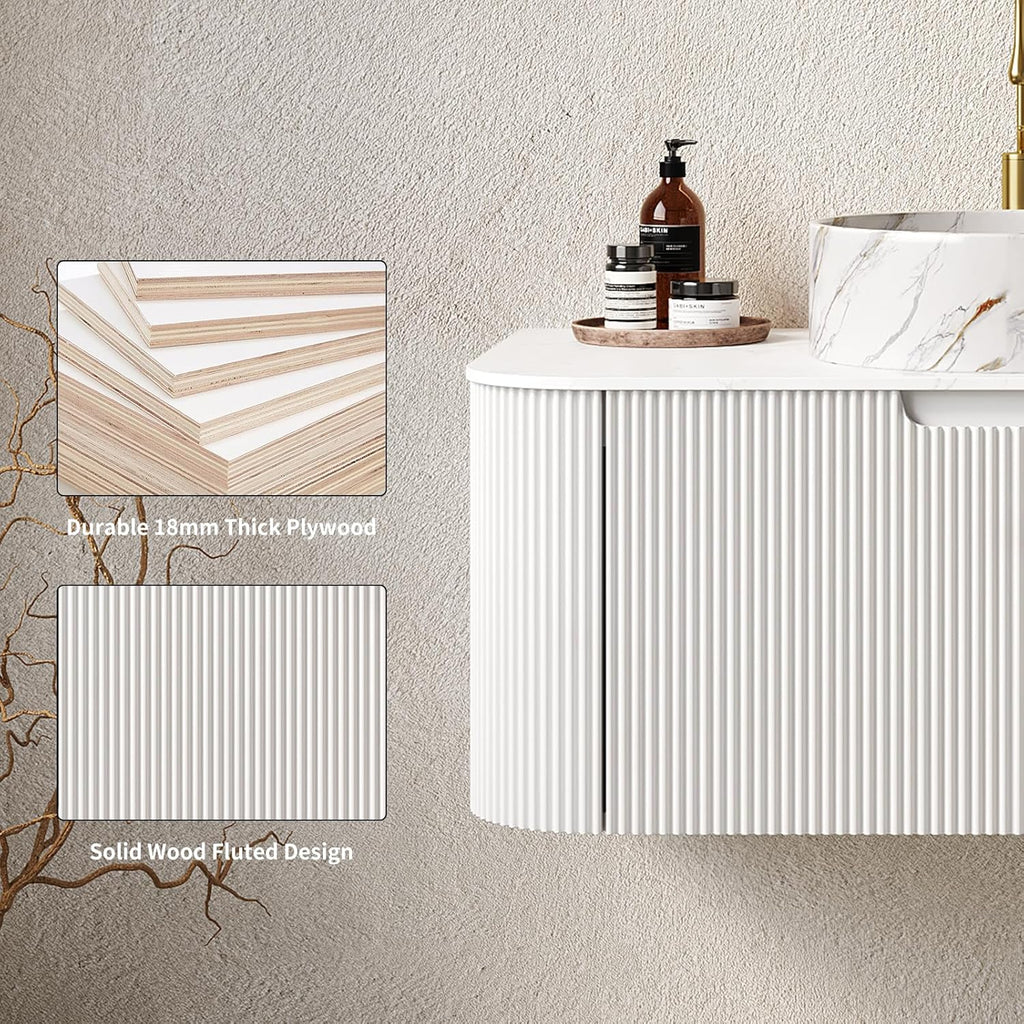 24-Inch Floating Bathroom Vanity with Sink, Solid Wood Fluted Cabinet, Marble-Pattern Ceramic Basin, Faux Marble Top, Soft-Close Drawer, White