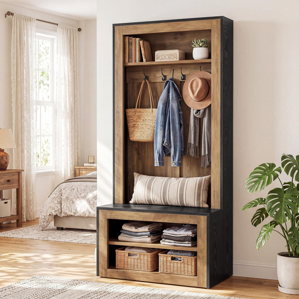 Hall Tree with Shoe Storage Bench, Farmhouse Entryway Coat Rack