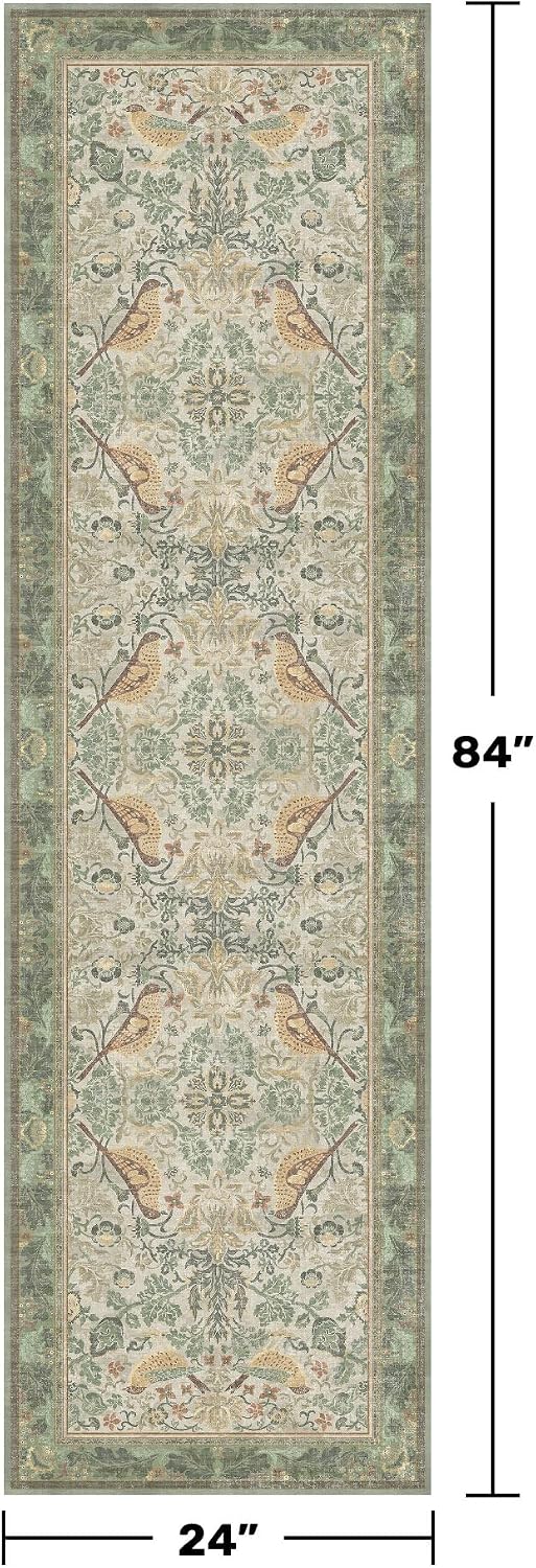 Sage Floral Kitchen Runners - Long Runner Rug Bathroom Bedroom Beside Bed Entryway, Boho Birds Leaves Patterned