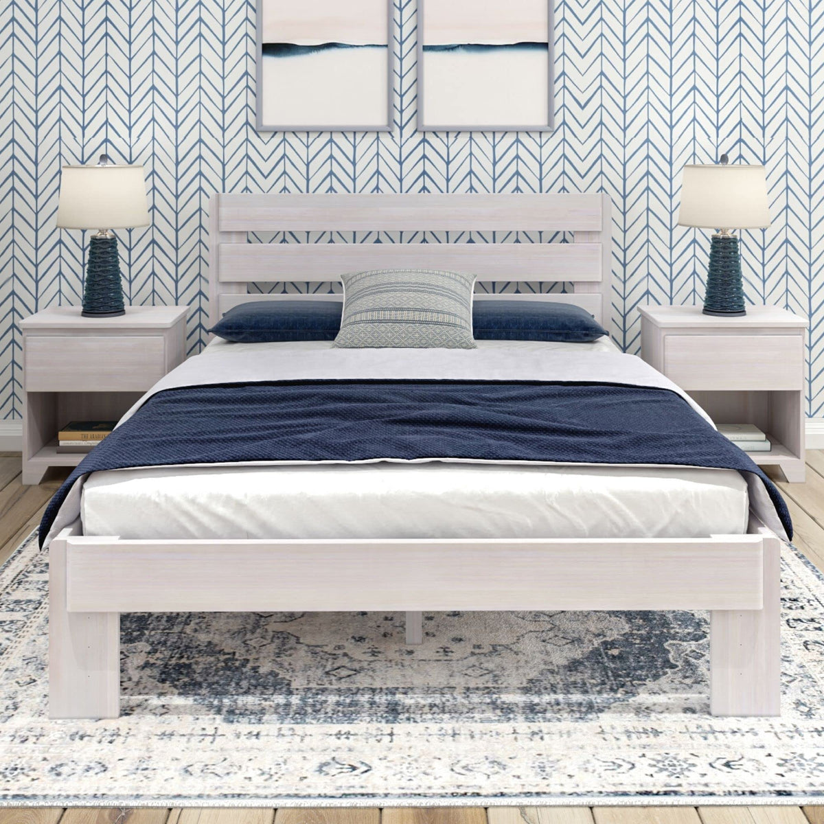 Modern Farmhouse Single Bed (Queen), Plank Headboard, White Wash
