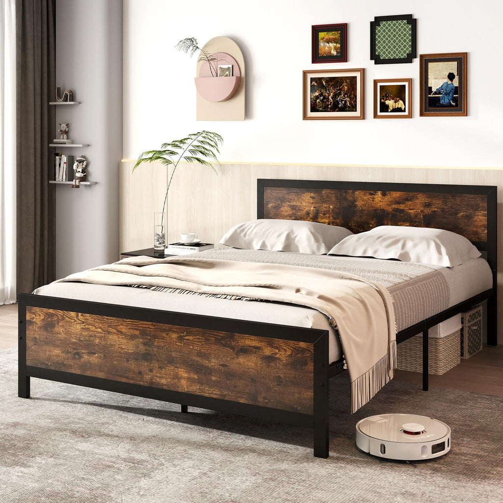 Metal Queen Size Platform Bed Frame with Wood Headboard and Footboard, Industrial Heavy Duty Queen Bed Frame w/Strong