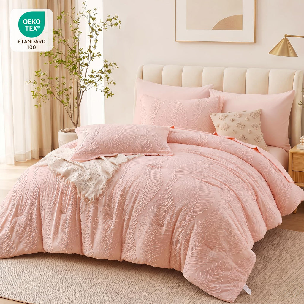 Queen Comforter Set Pink 7 Pieces Tufted Boho Comforter Set Leaves Floral Farmhouse Shabby Chic Bedding Sets for All