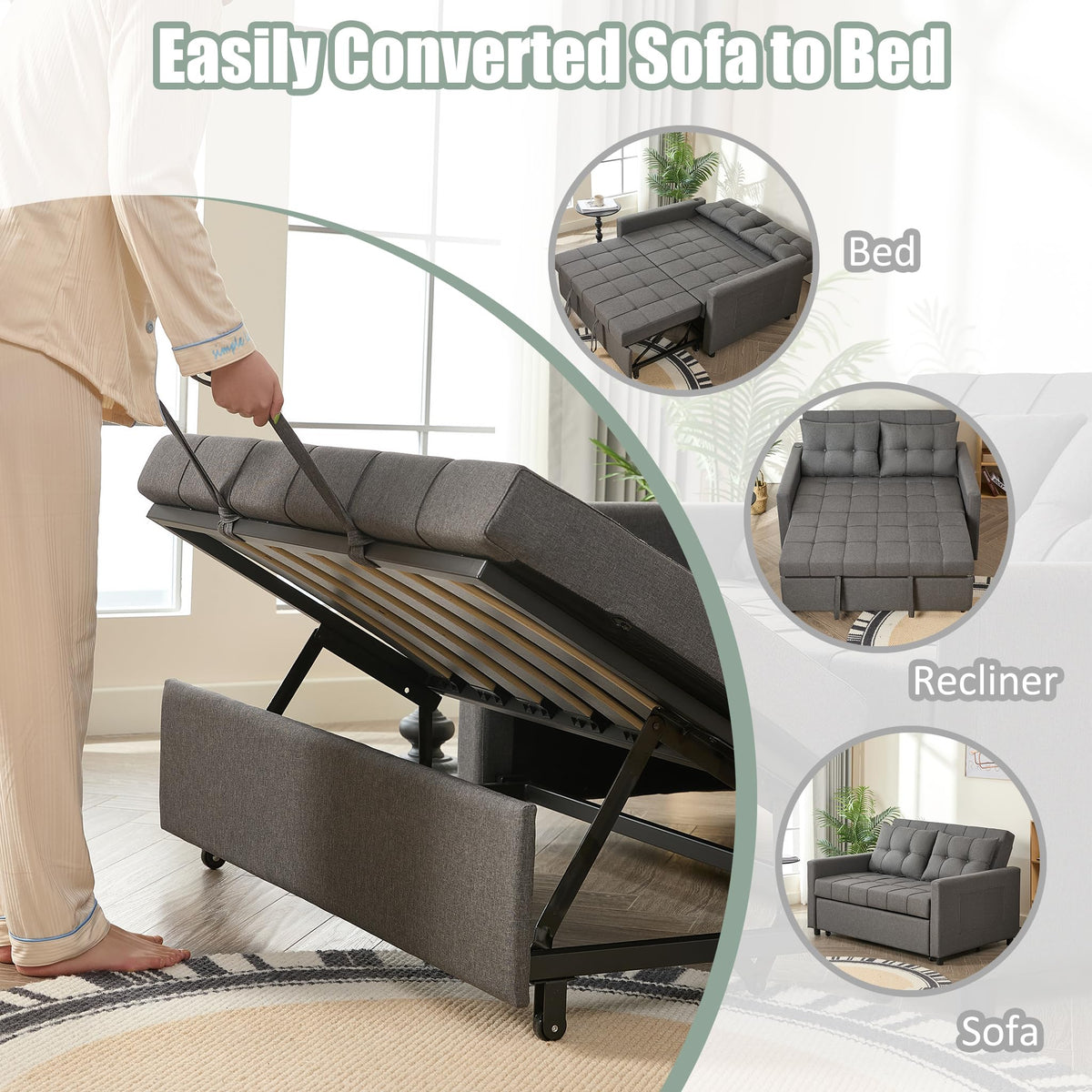 52" 3-in-1 Convertible Sleeper Sofa Bed, Linen, Dark Gray