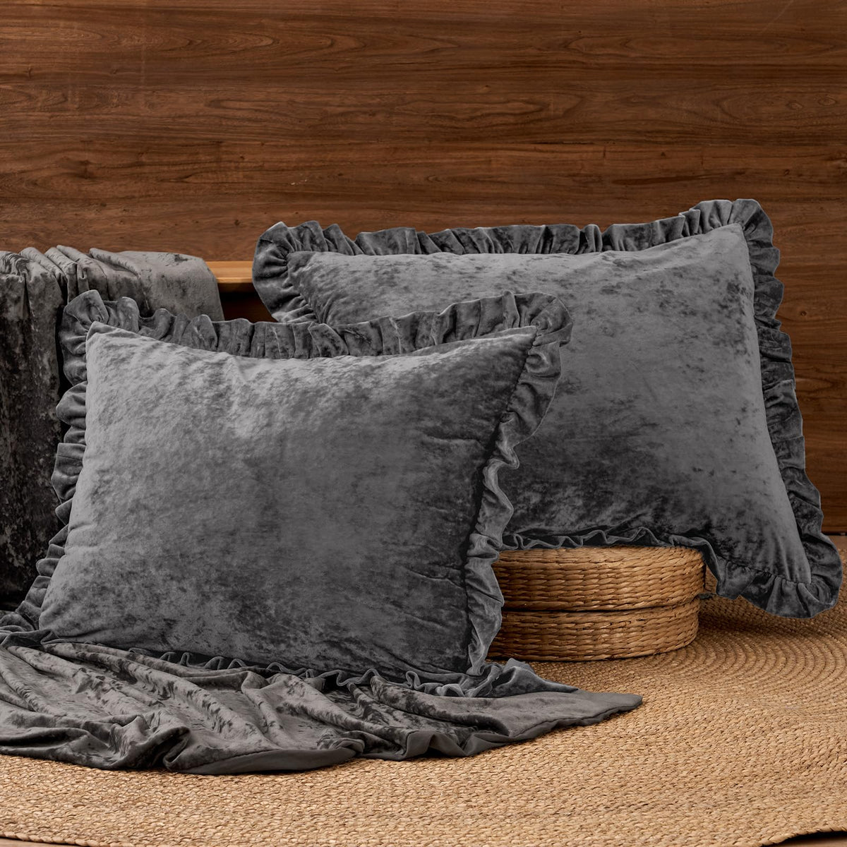 Truly Velvet Ruffle Pillow Shams Standard 20" x 26", Dark Grey