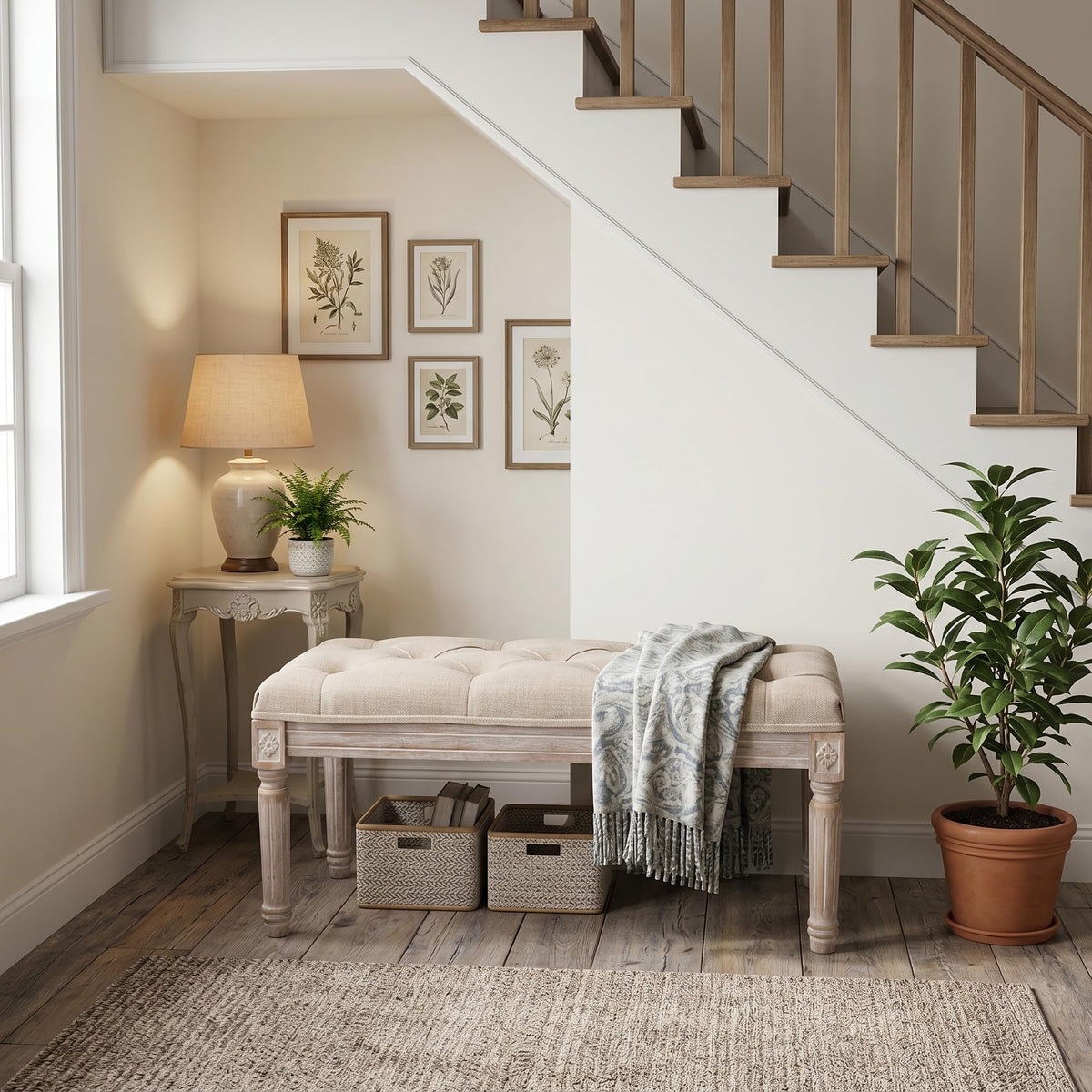 31.5" French Country Entryway Bench Dining Bench, Beige