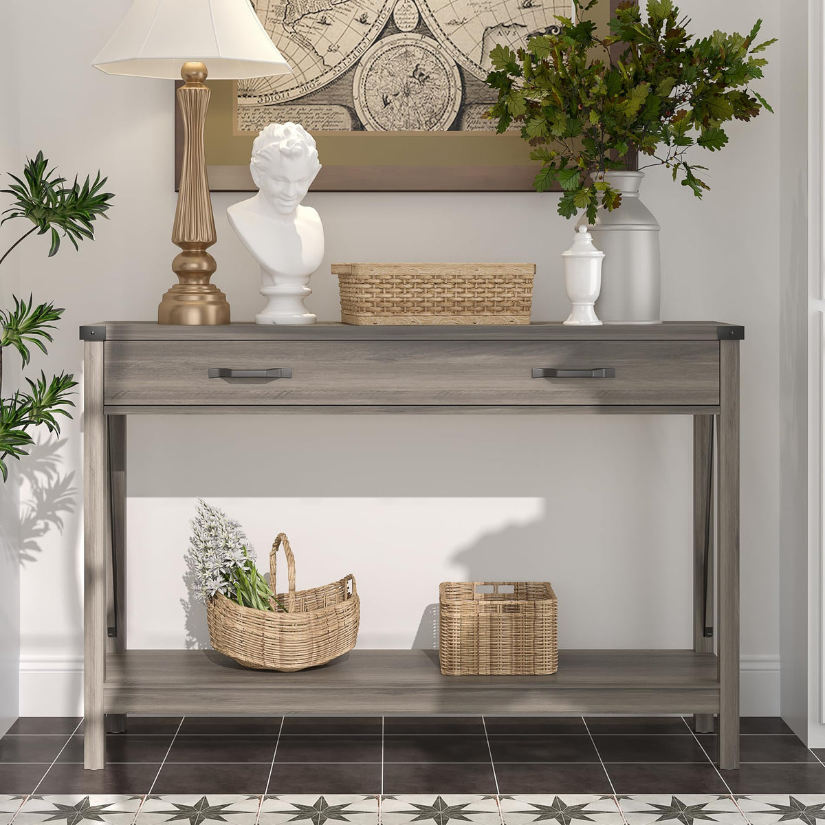 47 Inch Farmhouse Console Table with Drawer and Storage Shelf