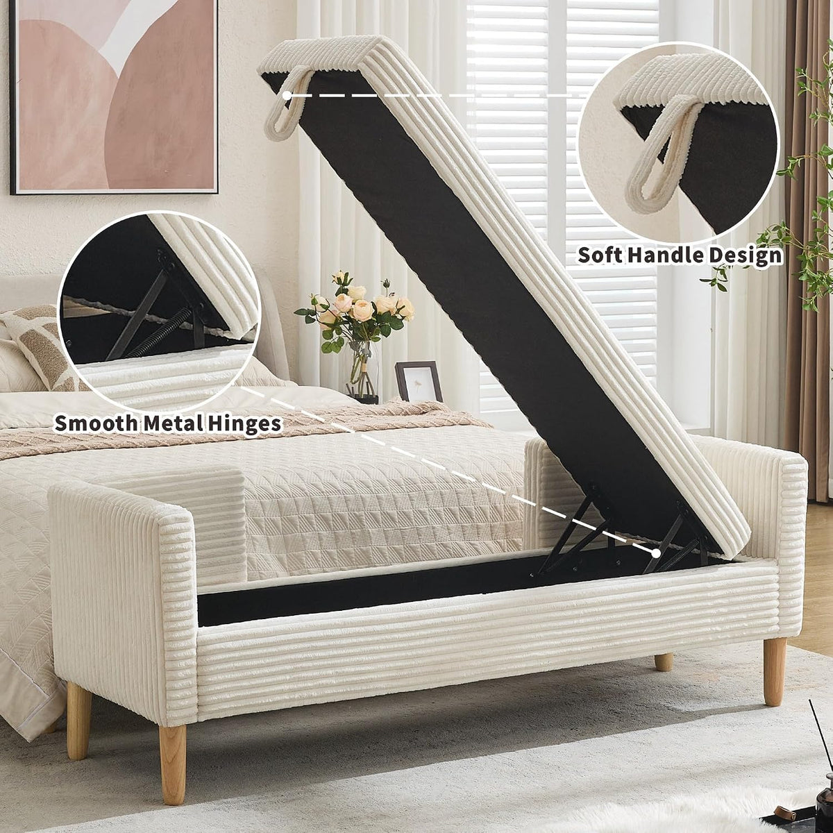 64.7" W Ottoman with Storage Bench End of Bed with Removable Pillows Upholstered Storage Ottoman Bench Living Room