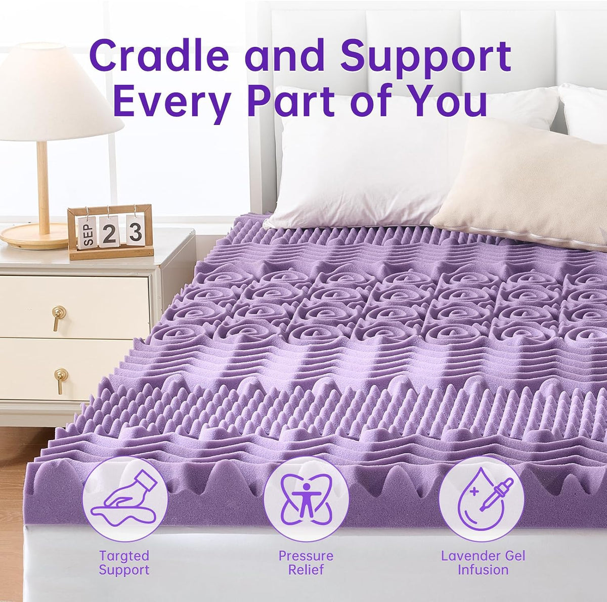 3 Inch 7-Zone Queen Mattress Topper, Egg Crate Memory Foam Mattress Topper Queen Size for Back Pain, Lavender Gel