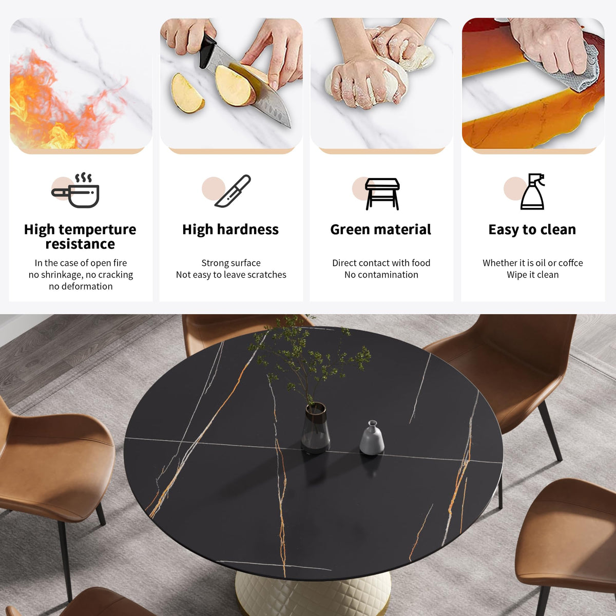 53.15" Round Dining Table, Mid Century Modern Dining Table with PU Base for 6-8 Person, Dining Room Table