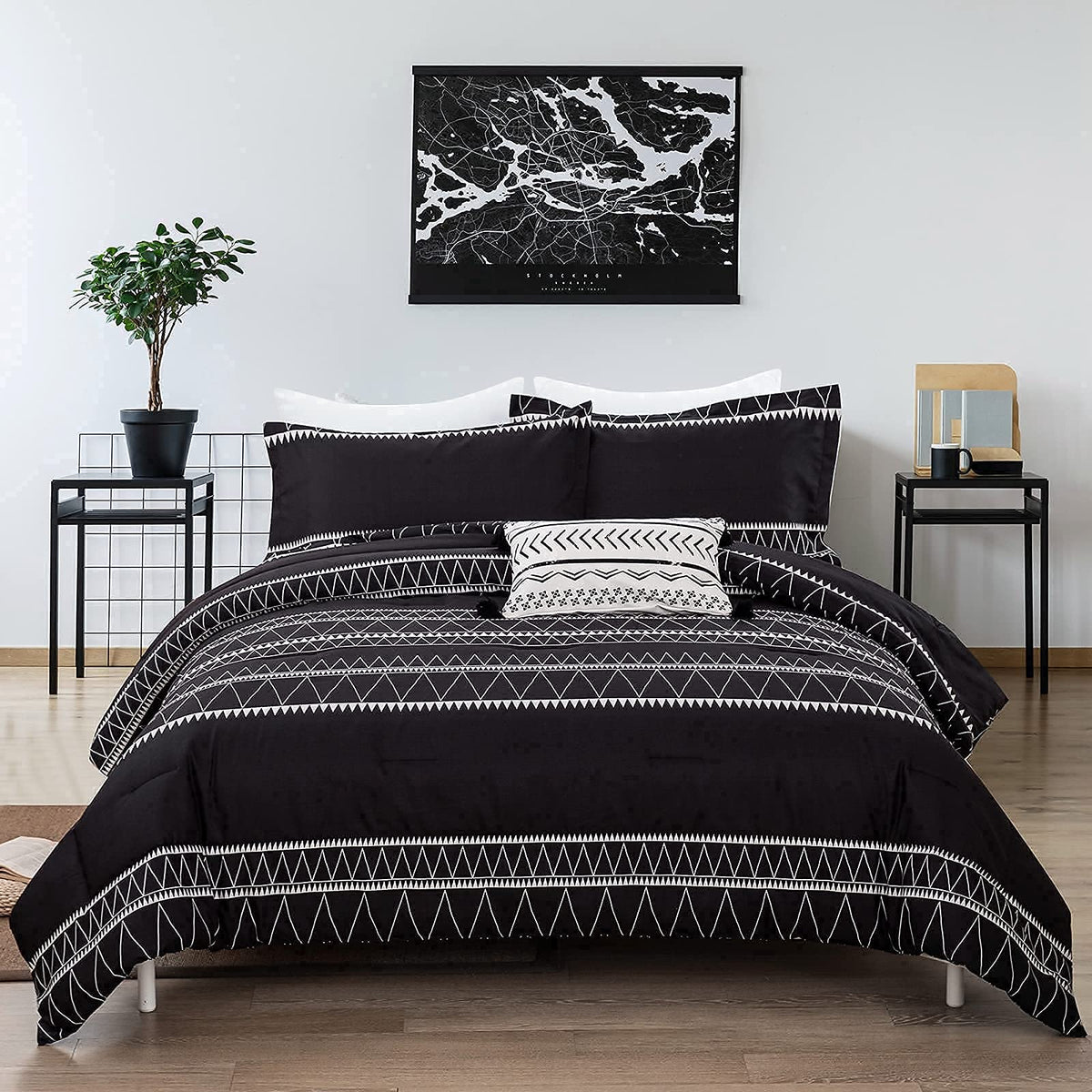 Black Comforter Set King Size (104"x 90"), 3 Piece Boho Striped Bedding Fall