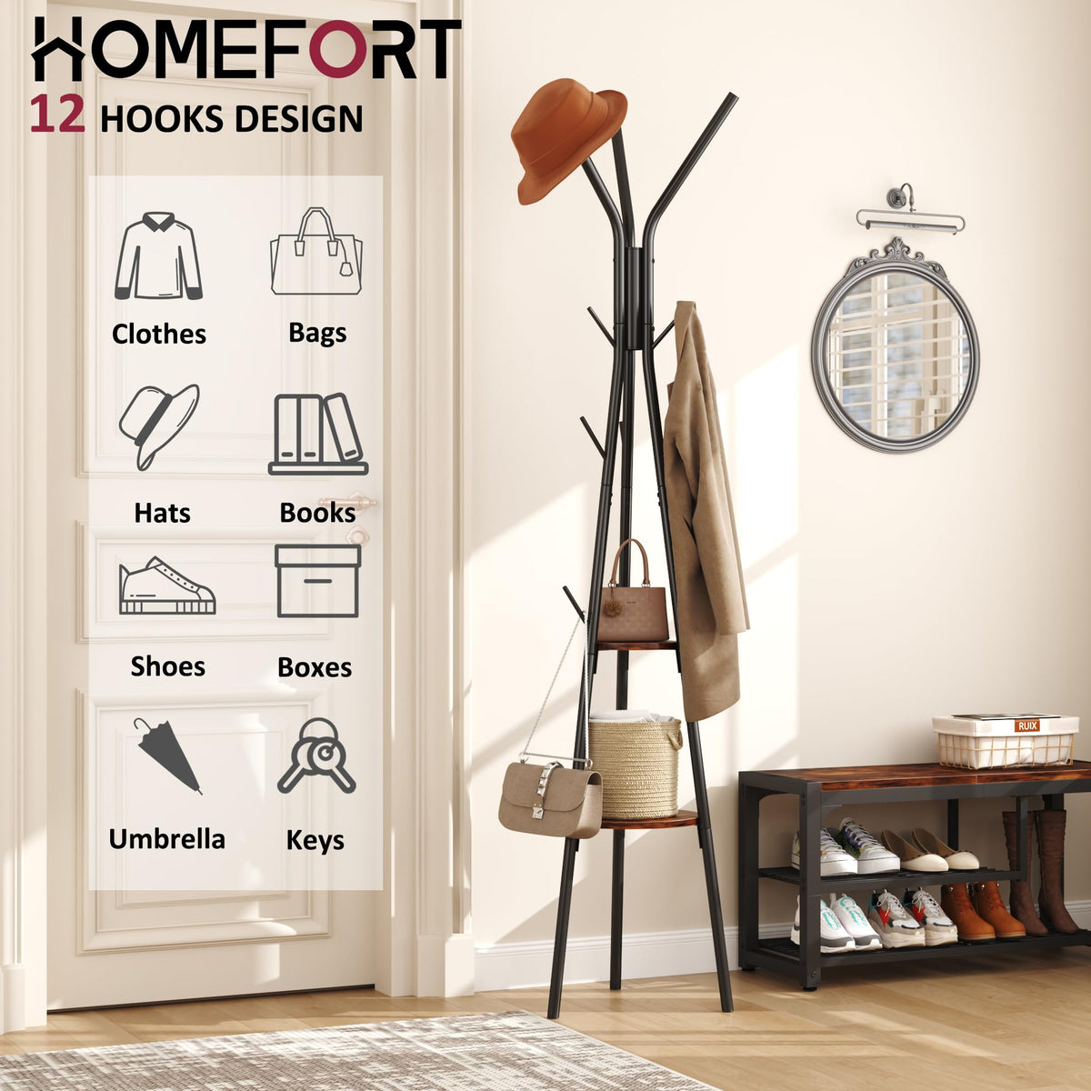 Coat Rack, Coat Hanger Stand with 2 Shelves, Freestanding Hall Tree, Metal Hat Hanger with 12 Hooks for Clothes Hats